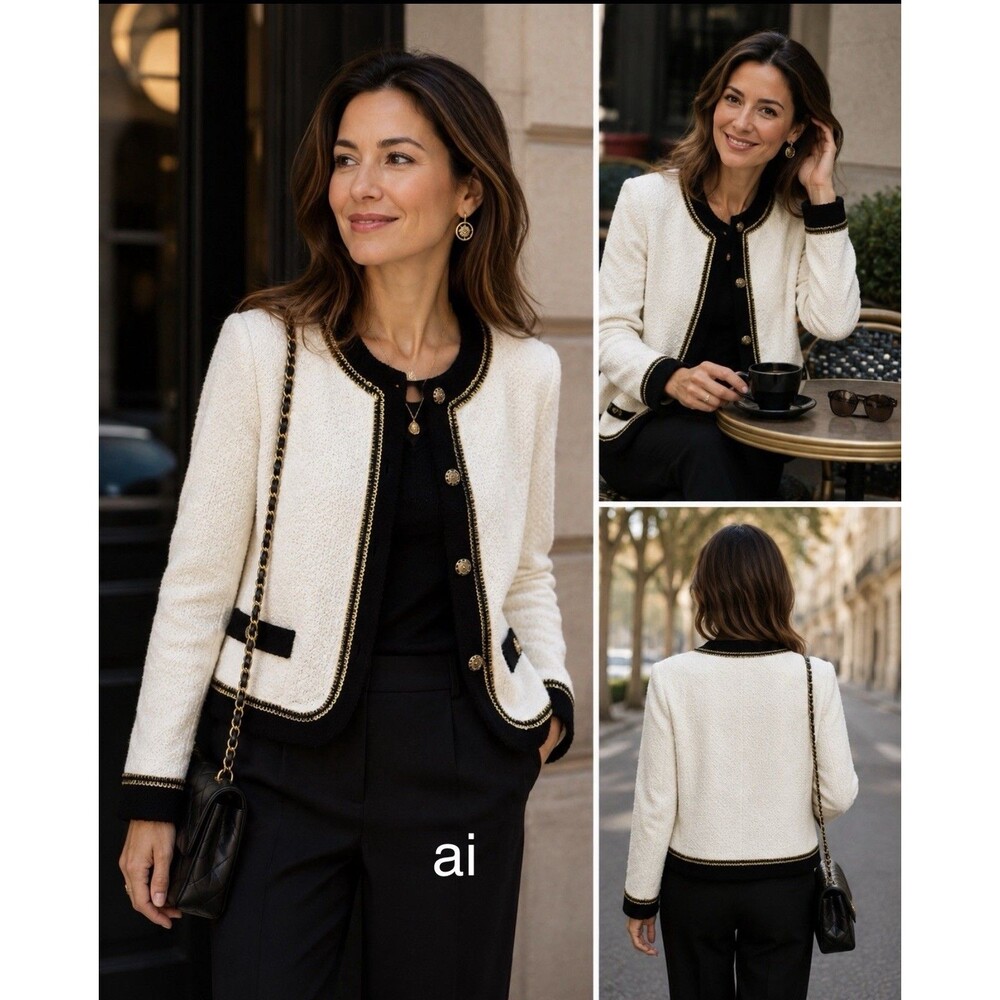 Vintage Capron Chicago White Bouclé Jacket Gold Trim Black Trim Size 12 USA